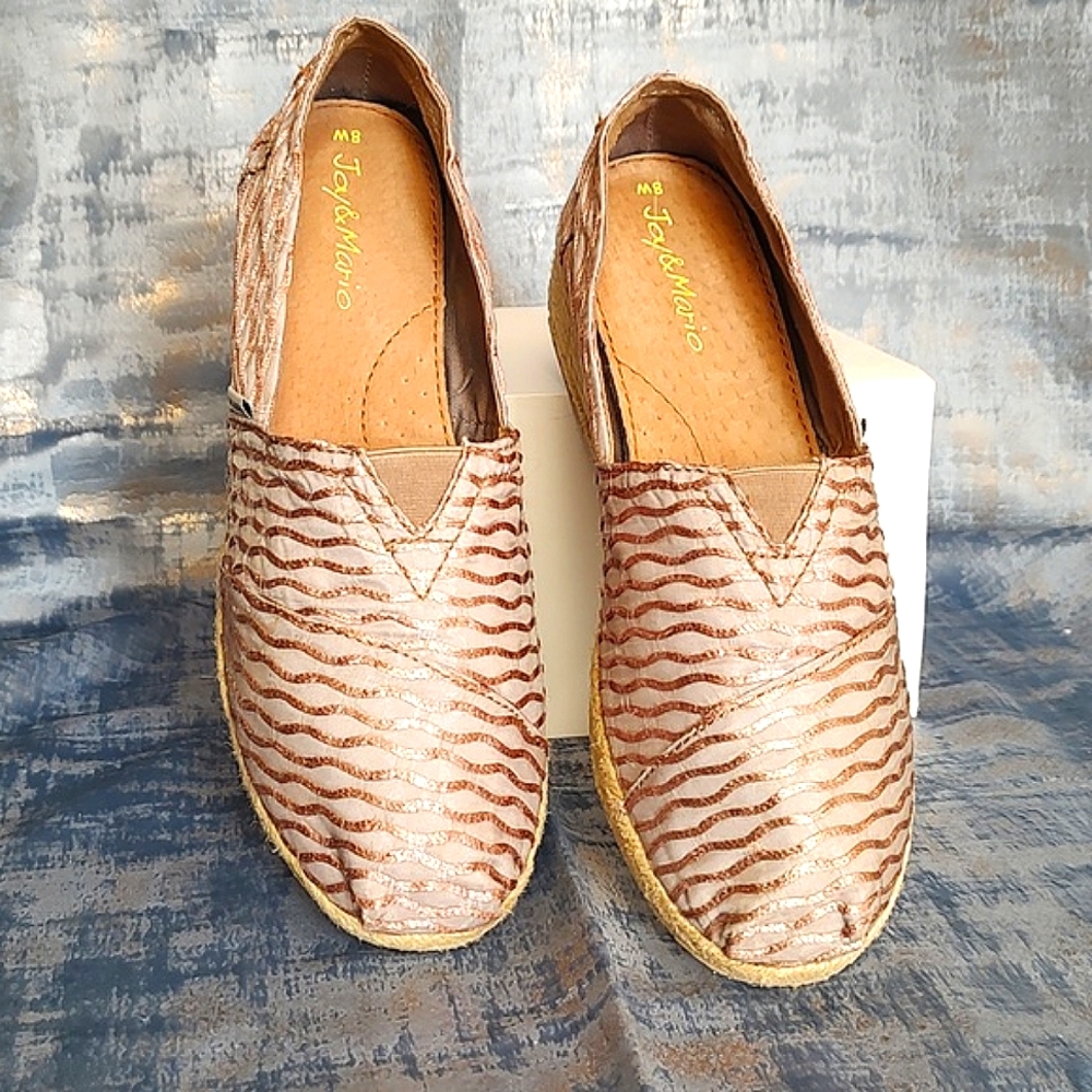 Joy and Mario Womens Satin Champagne/Pink /Wedge Slip On Espadrilles /Size 8